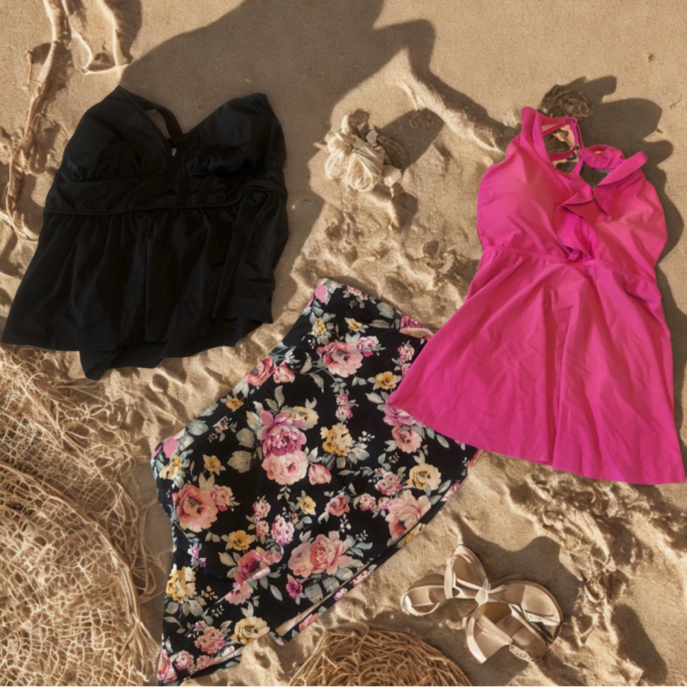 Swimsuit 3-set. xxl. Floral skort, NWT Black halter &  Pink Swim ruffled top EUC